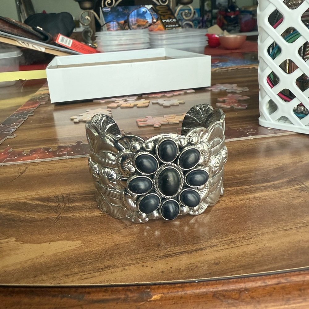 Silver Cuff Bracelet with Black Stone Accents